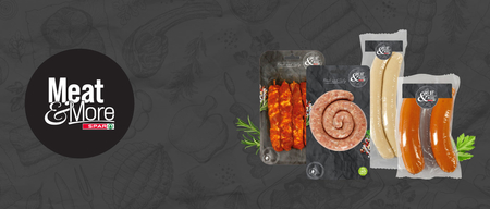 Schwarz-graues Meat & More-Logo mit vier Produkten auf dunkelgrauem Hintergrund mit Cartoon-Lebensmitteln